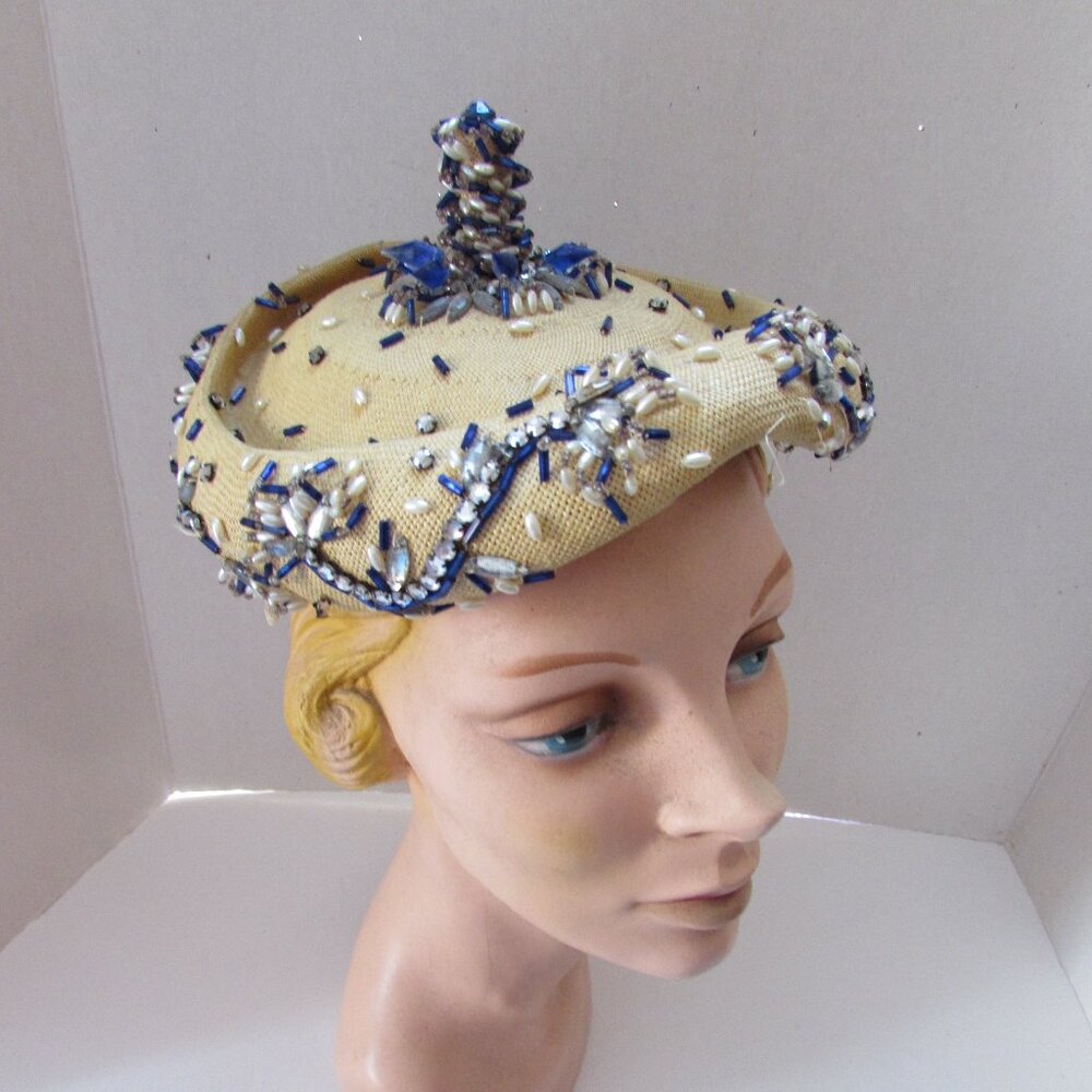 SALE Vintage Topper Hat Blue Beading Maize Straw Weave